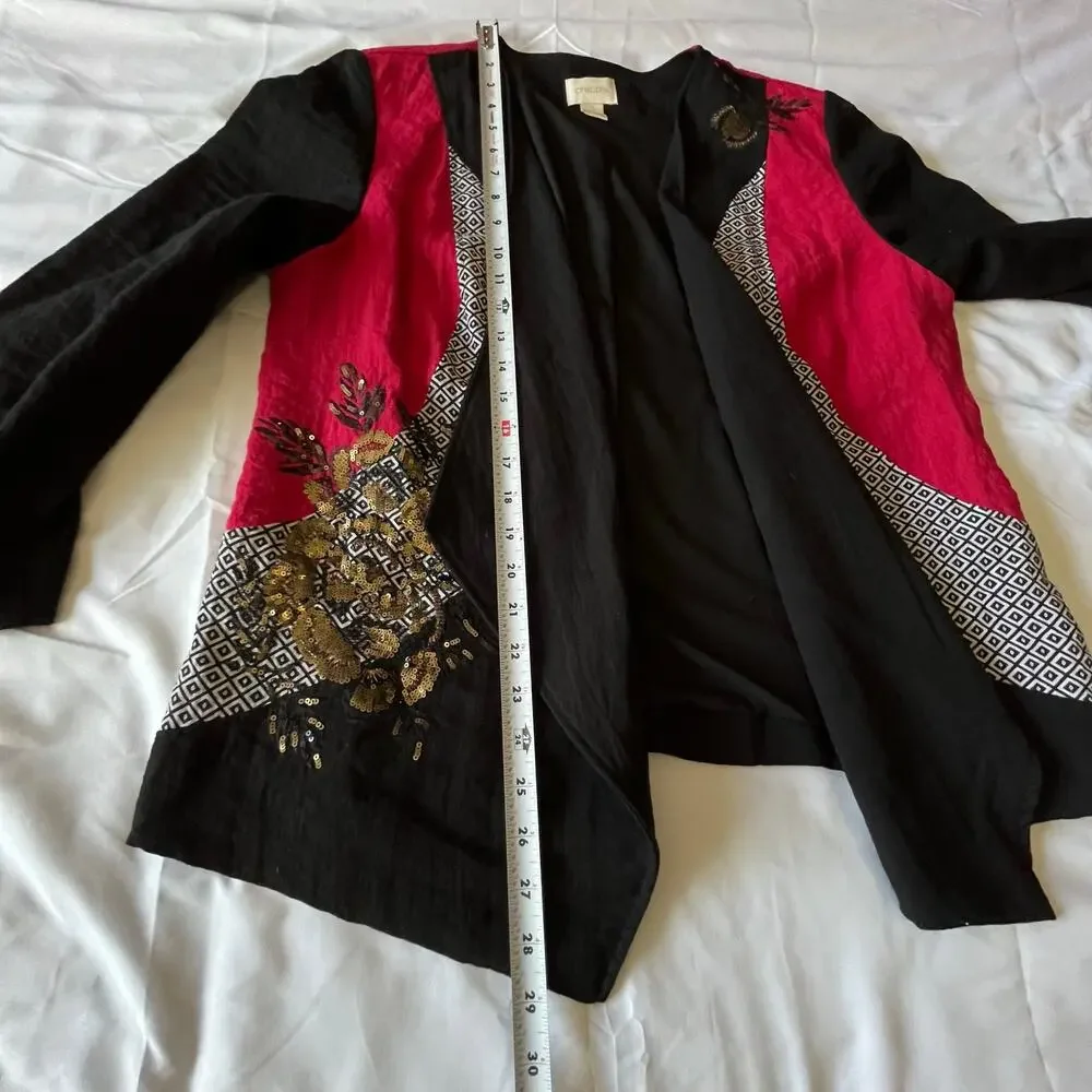Chico's Size 2 Black Open Front Sequin Embroidered Jacket Cardigan Floral